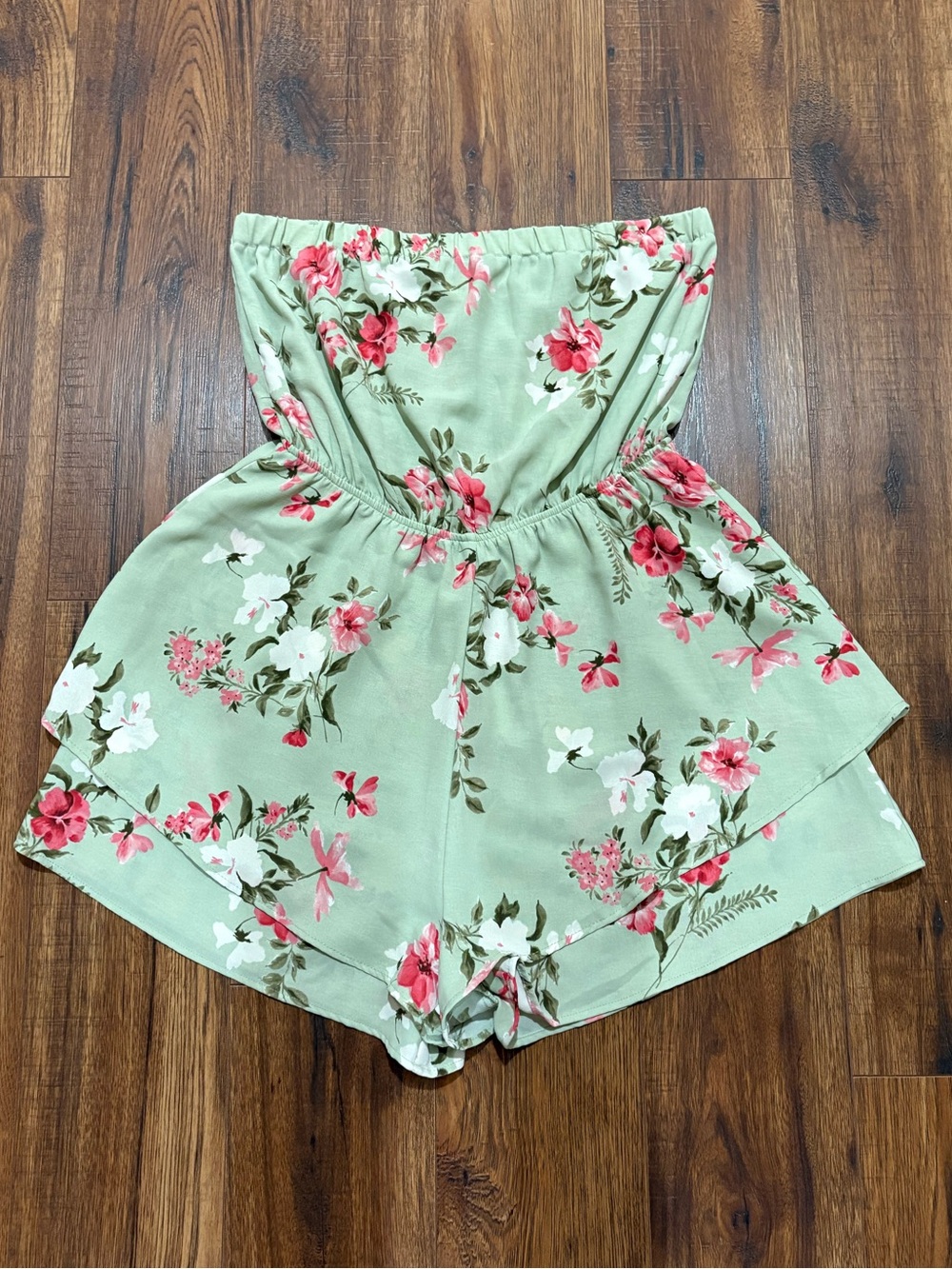 Gilli Sage Green Strapless Floral Romper with Pink & White Blooms